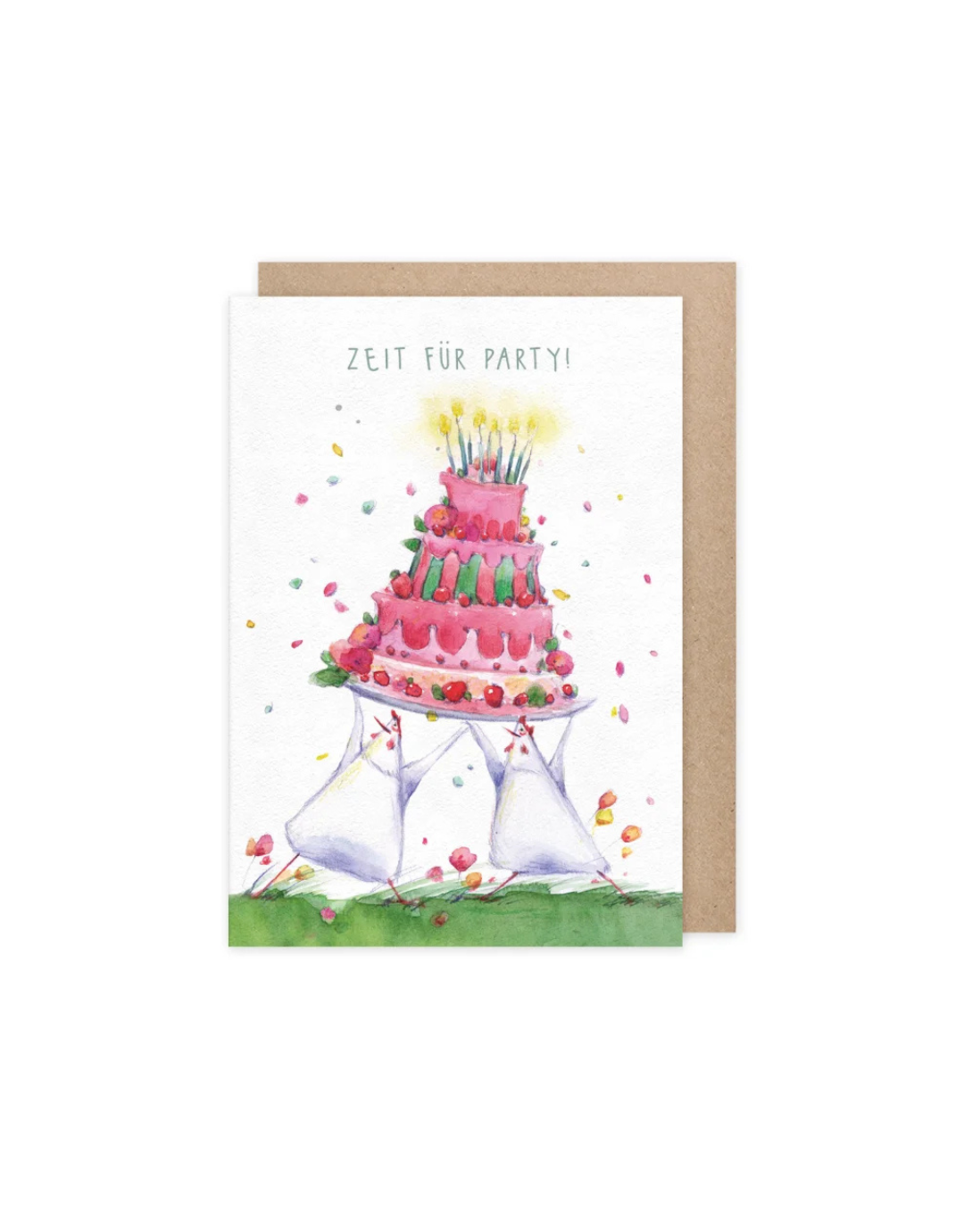 Illustration der Geburtstagskarte „Zeit für Party“ vom Grätz Verlag mit zwei Hühnern, die gemeinsam eine mehrstöckige Geburtstagstorte mit brennenden Kerzen tragen, umgeben von Konfetti und Schriftzug „Zeit für Party“, auf hellem Hintergrund, inklusive braunem Umschlag.