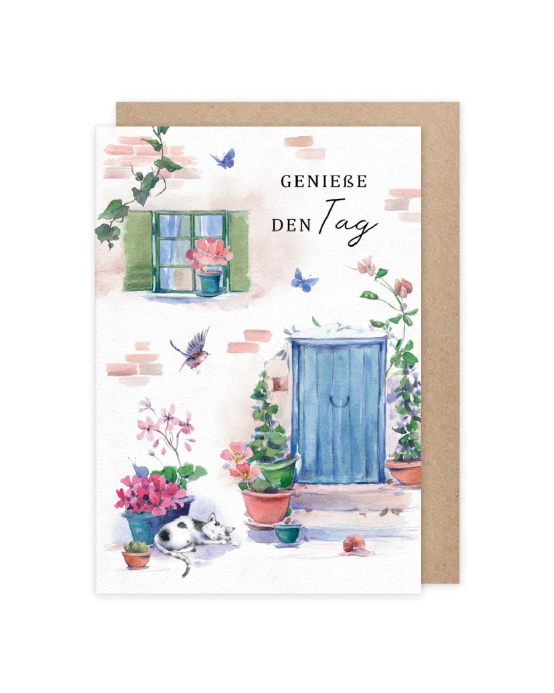 Grußkarte Zeit zum träumen vom Grätz Verlag mit von Sophia Drescher illustriertem Hauseingang geschmückt von mehreren Blumentöpfen mit Blumen, Vogel, Schmetterlingen und einer schlummernden Katze.