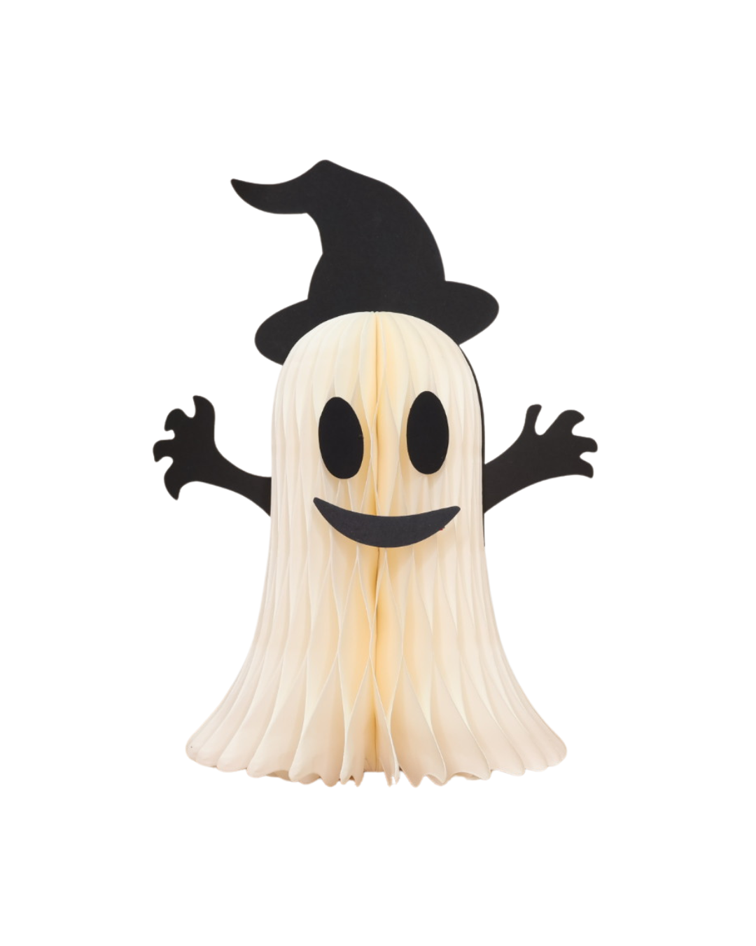 Halloween Deko-Gespenst aus Papier in Honigwaben-Optik mit schwarzem Hexenhut vor weißem Hintergrund.