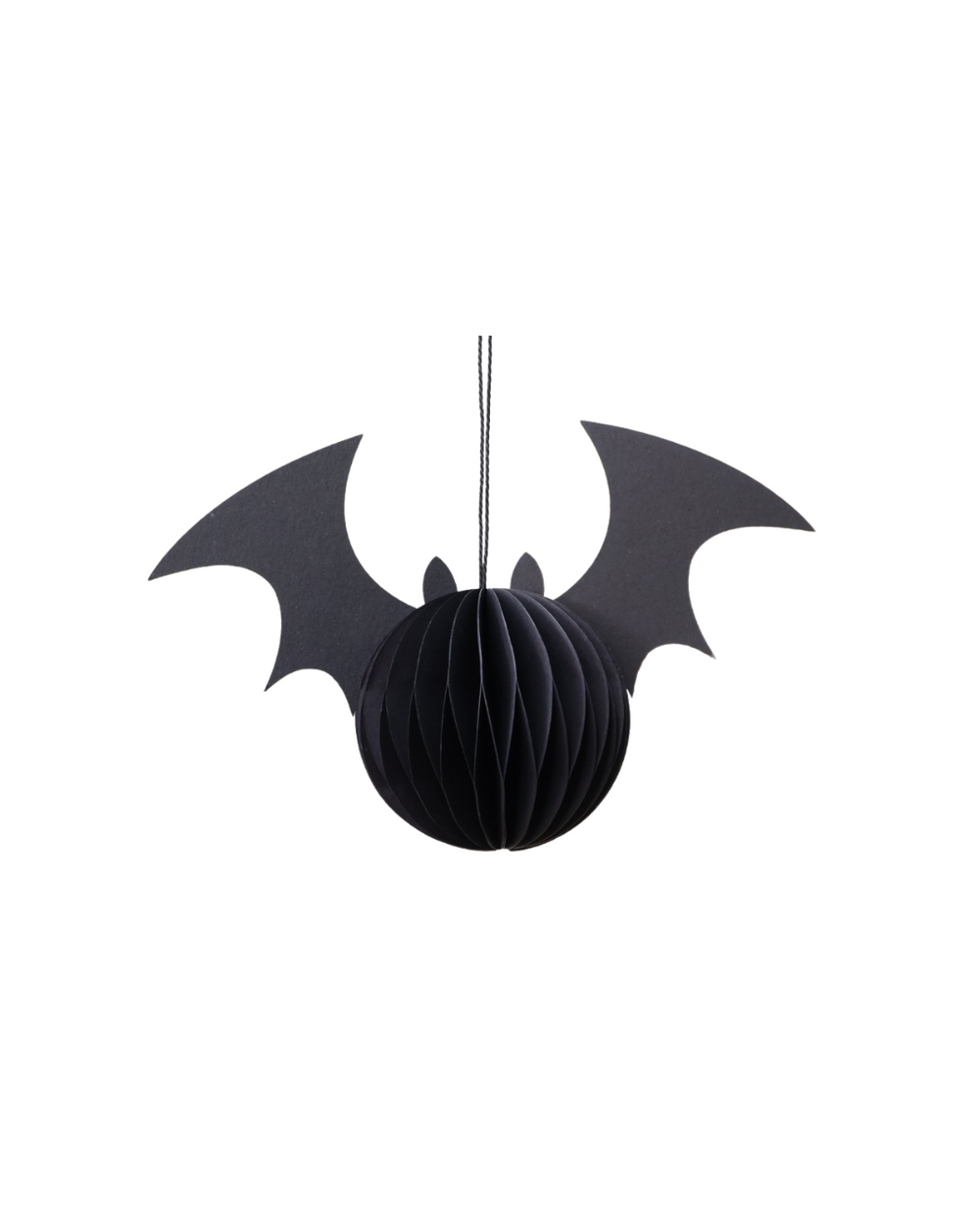Halloween Deko-Fledermaus klein aus schwarzem Papier in Honigwaben-Optik zum Hängen mit hohen Flügeln.