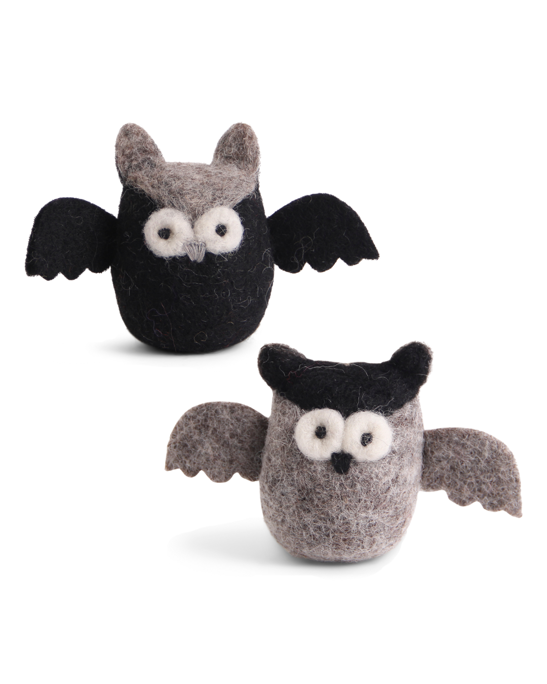 Zwei Halloween Filzanhänger von Gry & Sif – eine graue und eine schwarze Eule vor weißem Hintergrund.