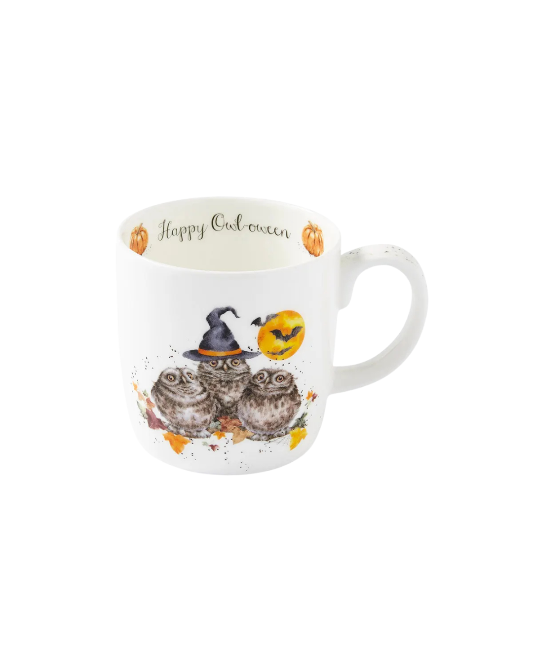 Detailreiche Porzellantasse mit Halloween-Motiv von Wrendale Designs: Eulen mit Hexenhut und Mond.