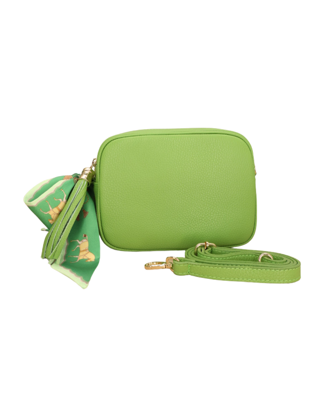 Kiwi Lederhandtasche „Isolde“ mit Bandana-Anhänger am Reißverschluss, von vorne fotografiert.