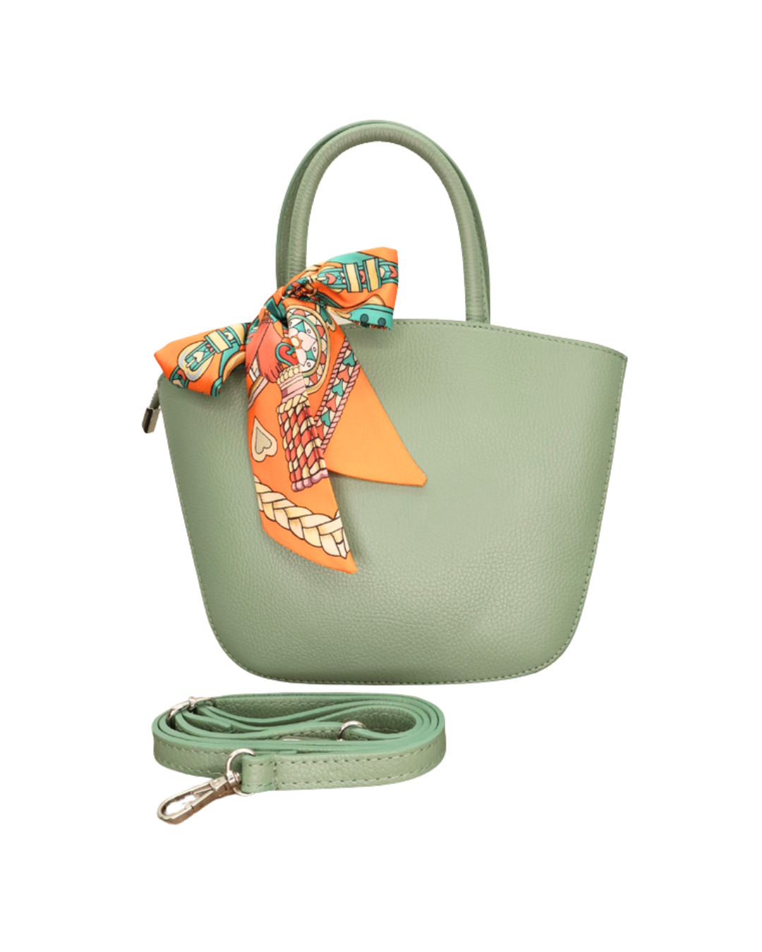 Seegrüne Handtasche aus Leder Lotte vom Südstrand mit pinken Bandana vor weißen Hintergrund.