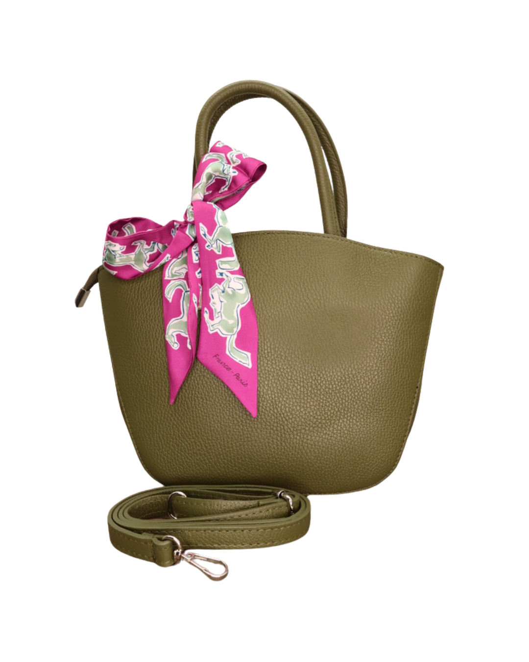 Waldgrüne Handtasche aus Leder Lotte vom Südstrand mit pinken Bandana vor weißen Hintergrund.