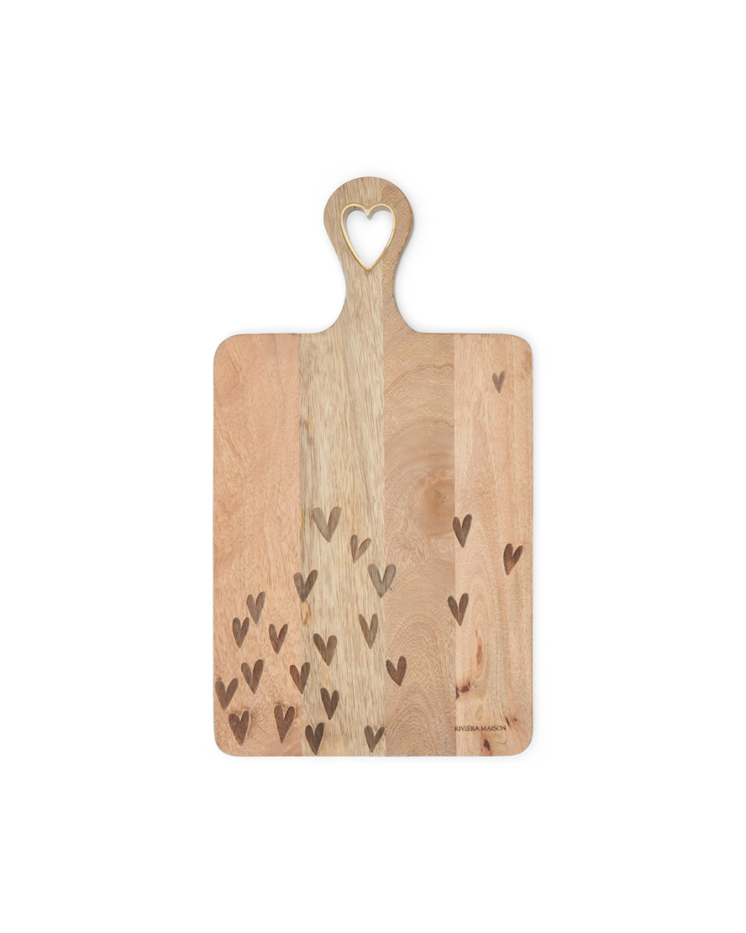 Happy Hearts Chopping Board von Rivièra Maison aus Holz mit Herzmotiven auf weißem Hintergrund