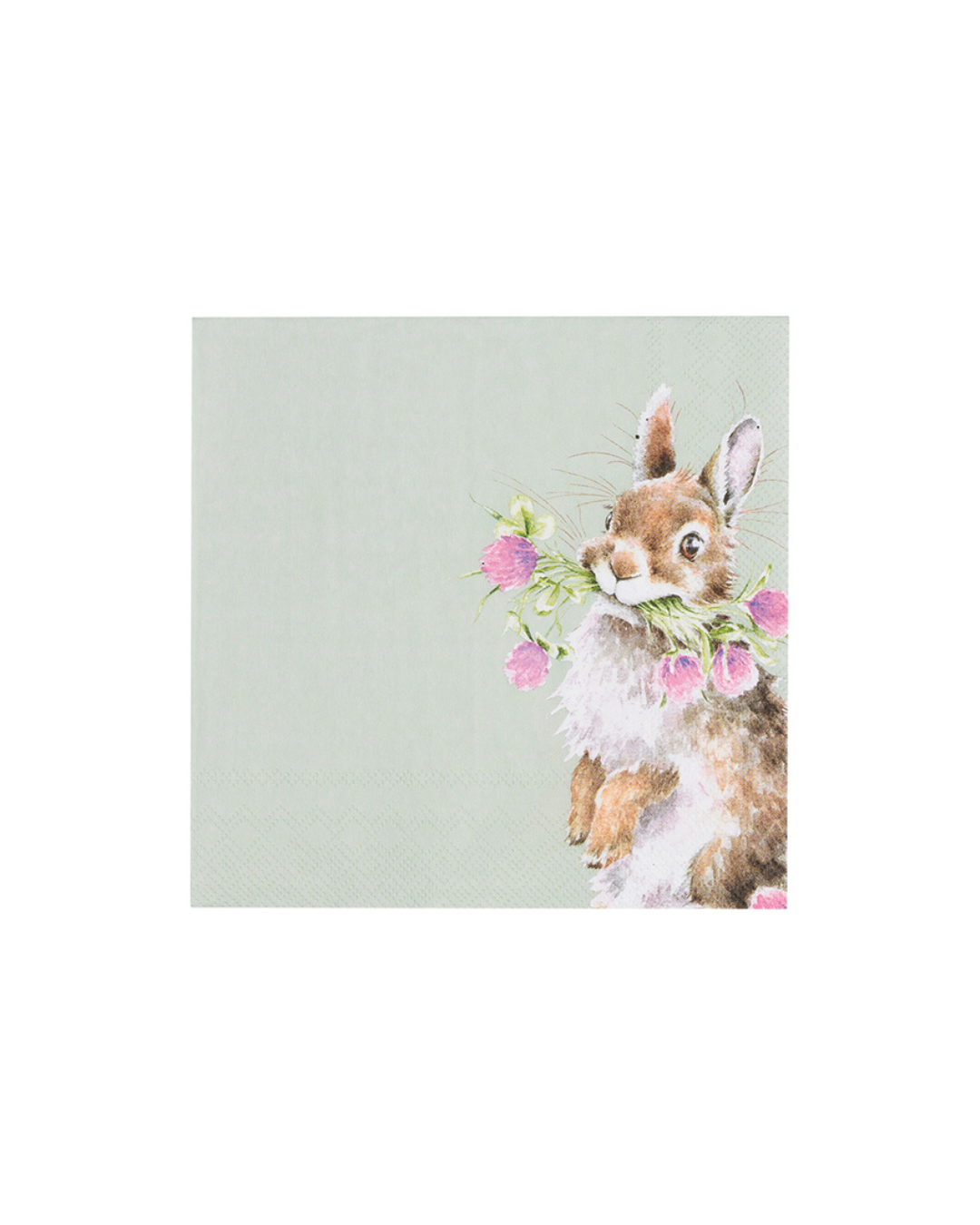 Cocktailservietten Head Clover Heels von Wrendale Designs mit Hasenmotiv und Blüten im Maul auf grünem Hintergrund, Illustration von Hannah Dale