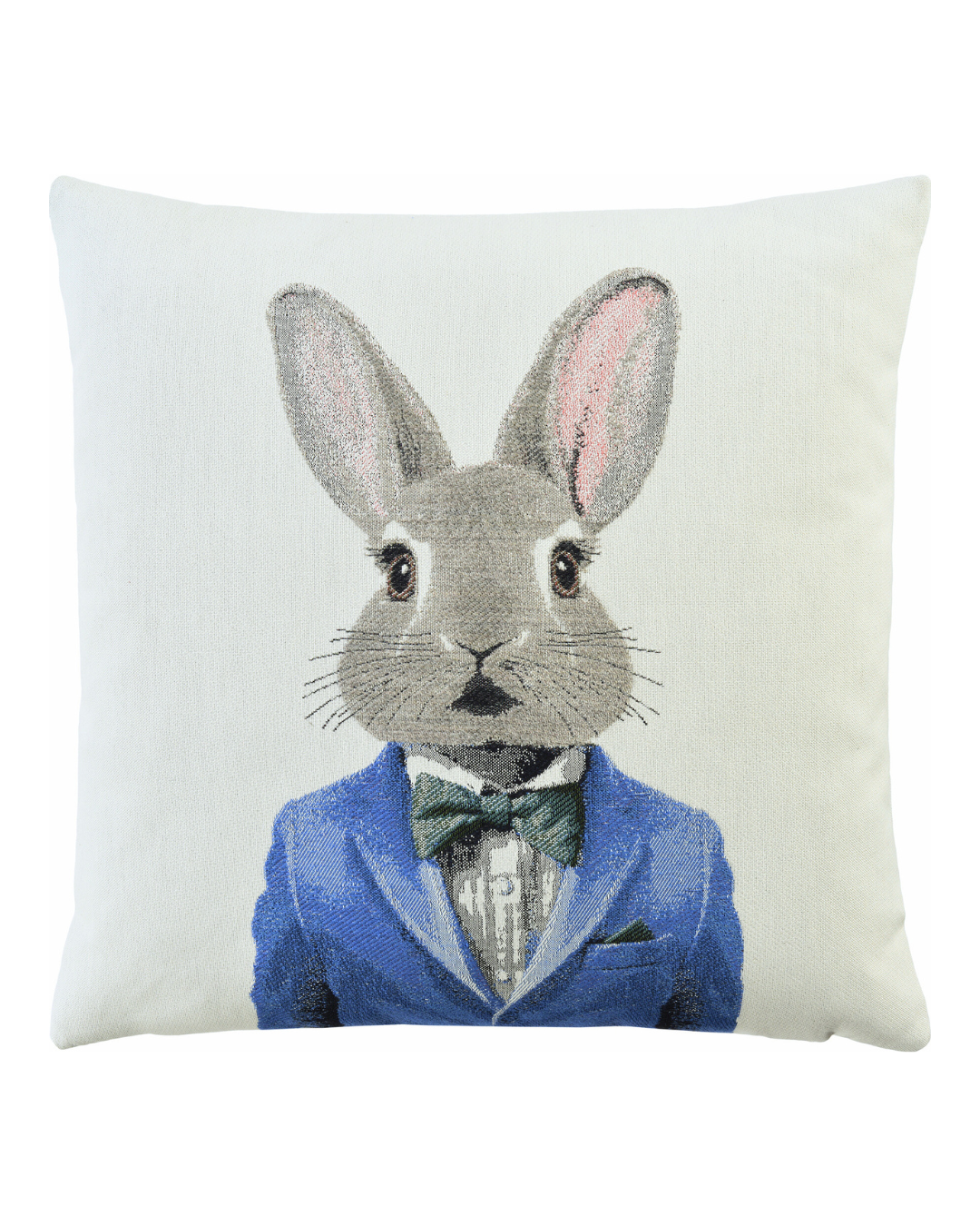 Hasen Kissenbezug „Candy“ von Sander mit gewebtem Hasenmotiv im blauen Sakko und Fliege auf hellem Hintergrund.