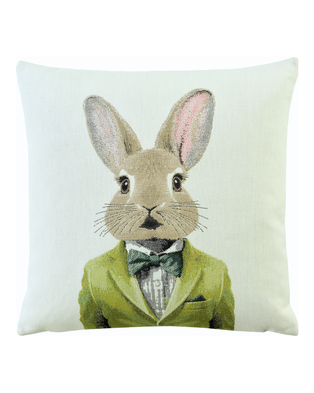 Hasen Kissenbezug „Candy“ von Sander mit gewebtem Hasenmotiv im grünen Sakko und Fliege auf hellem Hintergrund.