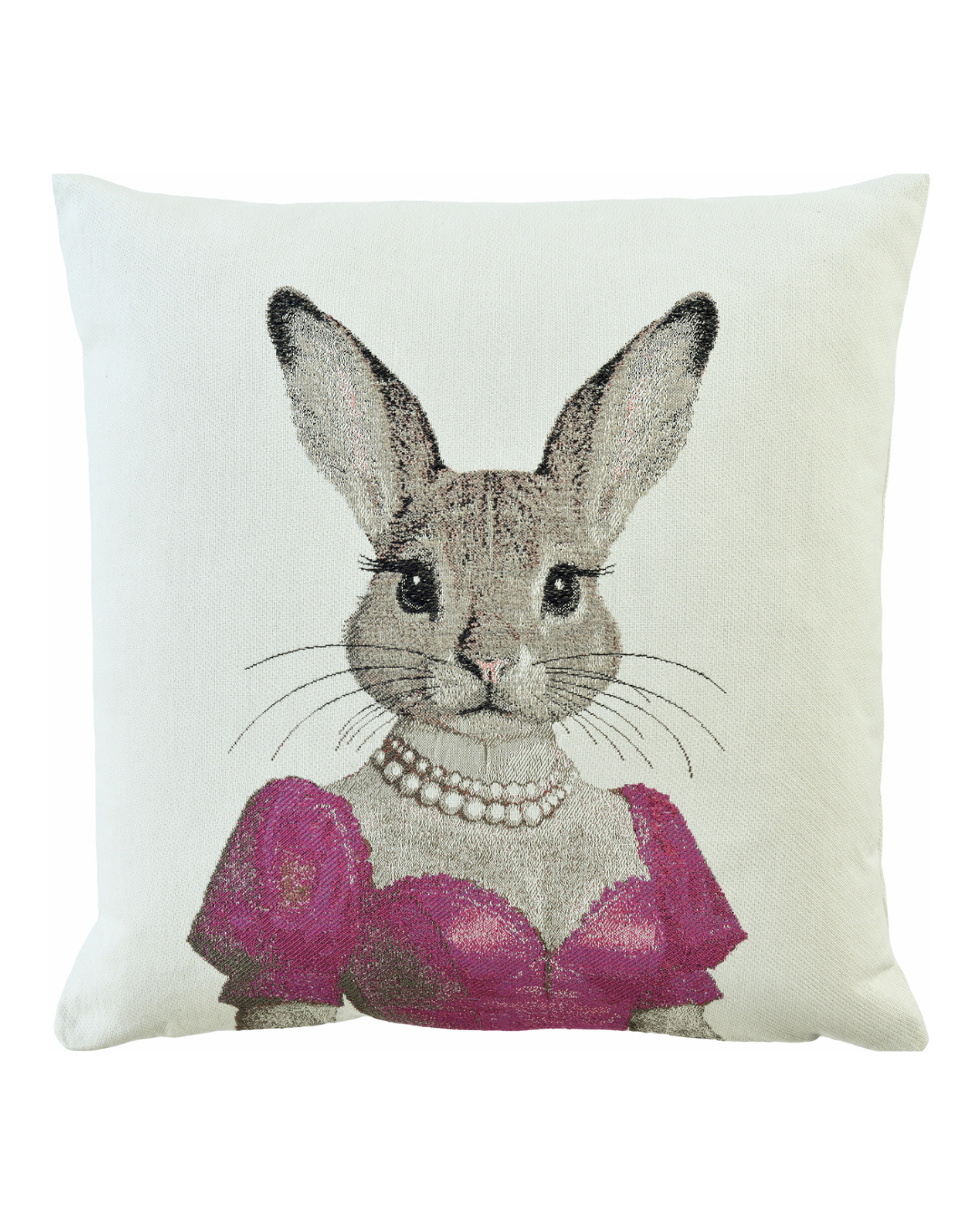 Hasen Kissenbezug „Lolly“ von Sander mit gewebtem Hasenmotiv im pinkfarbenen Kleid und Perlenkette auf hellem Stoff.