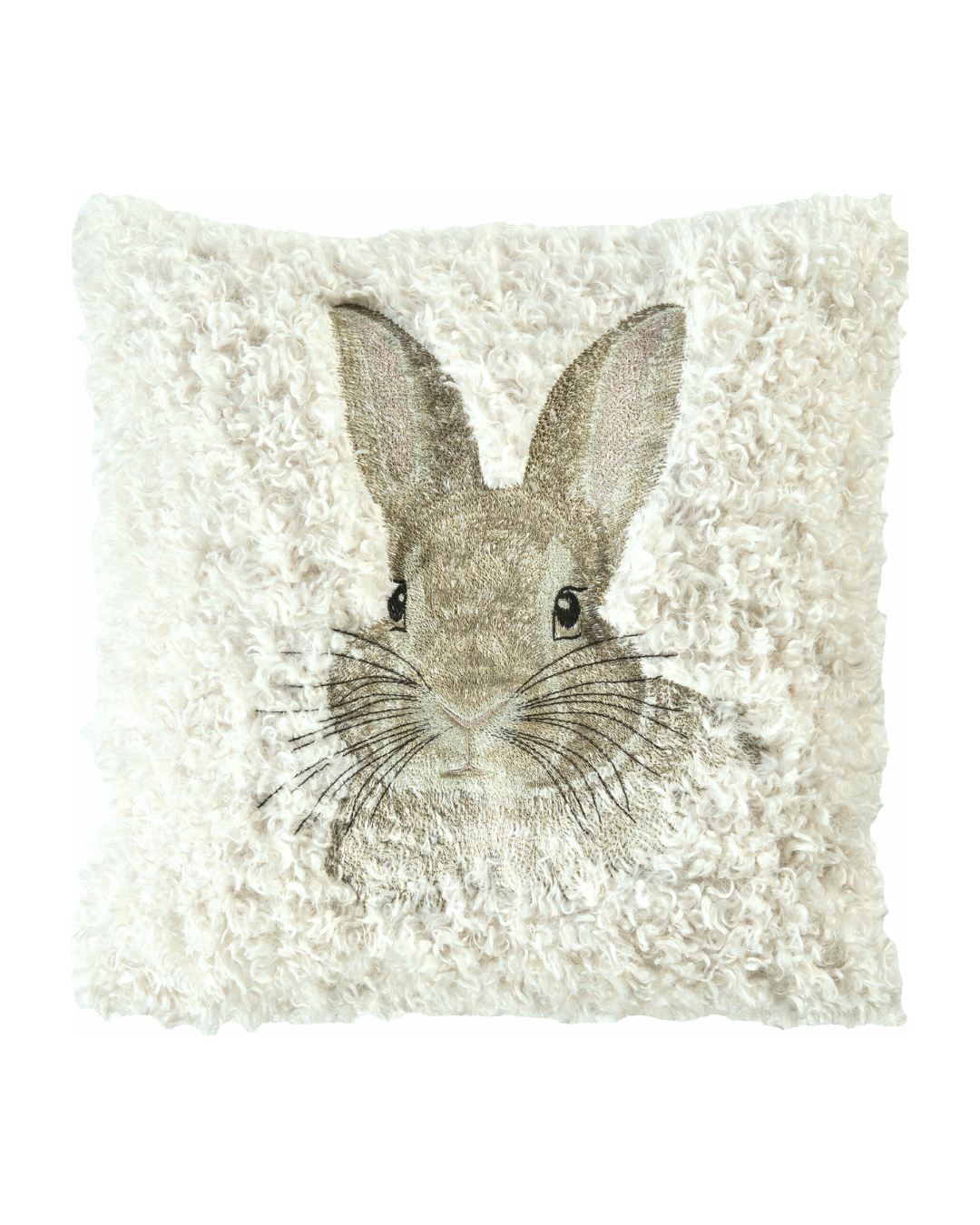 Weißer Hasen Kissenbezug „Pero“ von Sander mit flauschiger Oberfläche und eingewebtem Hasenmotiv, frontal freigestellt vor weißem Hintergrund.