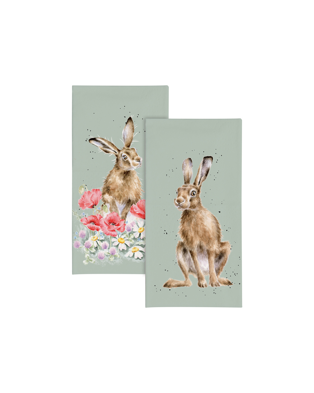 Hasen Taschentücher von Wrendale Designs mit einem Hasen vor bunten Frühlingsblumen auf der Vorderseite und einem Hasen in neutraler Pose auf der Rückseite – beide auf grünem Hintergrund. Darstellung der Taschentücher vor weißem Hintergrund.