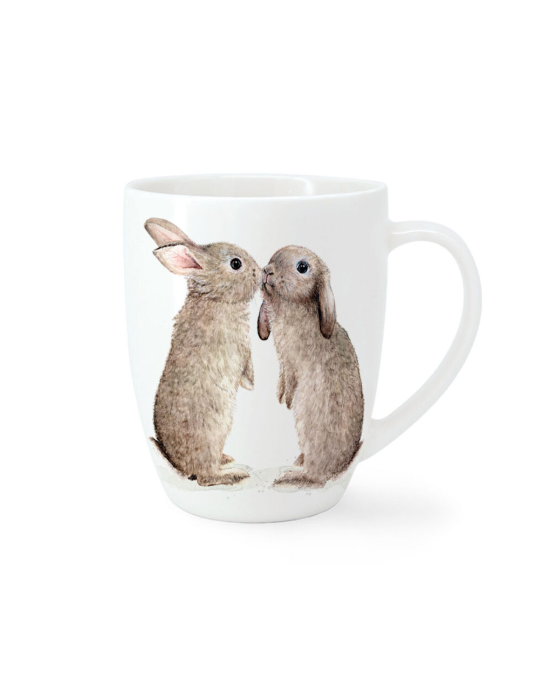 Weiße Porzellantasse Bunny Bliss von Maluu mit zwei sich berührenden Hasen als zartes Aquarellmotiv auf hellem Hintergrund