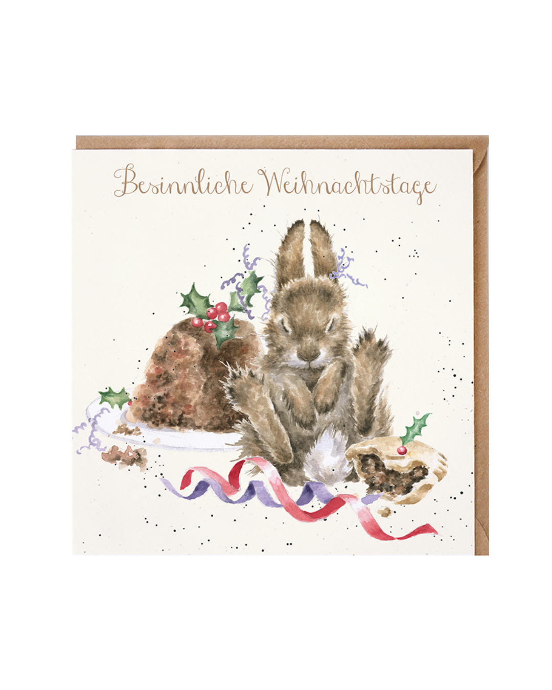 Weihnachtskarte „Eat, Drink and be Merry“ als Doppelkarte mit Umschlag von Wrendale Designs vor weißem Hintergrund. Die Illustration von Hannah Dale zeigt einen Hasen mit festlichen Weihnachtsleckereien wie Kuchen und Gebäck.