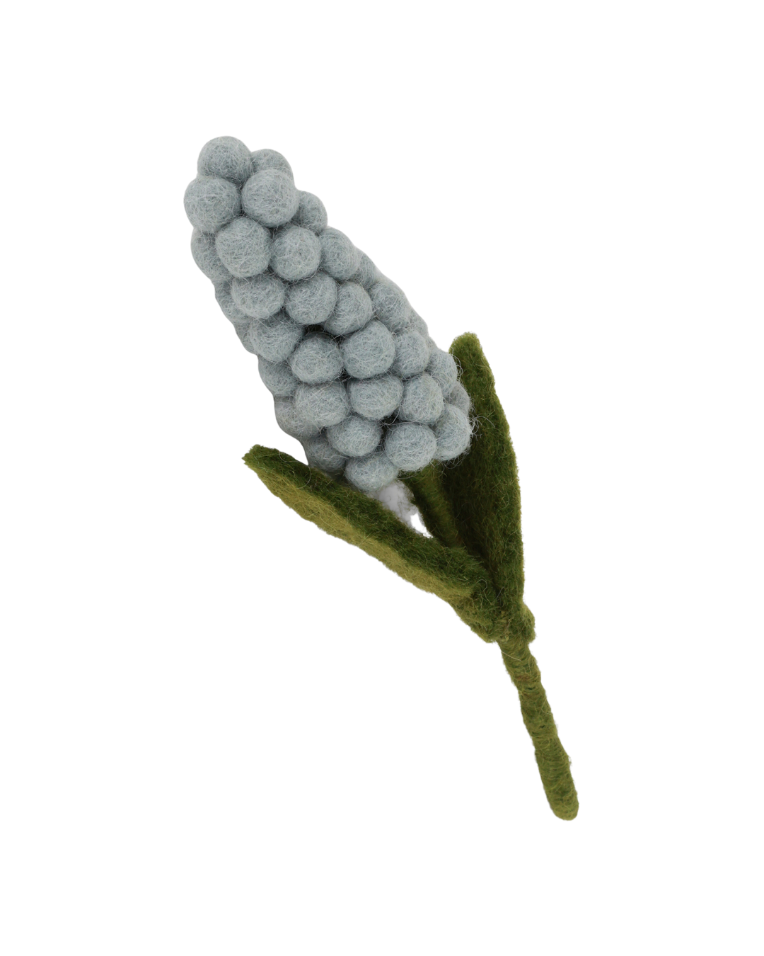 Hellblaue Filzblume „Hyazinthe“ von Gry & Sif mit dichter Blütenform und grünem Stiel vor weißem Hintergrund.