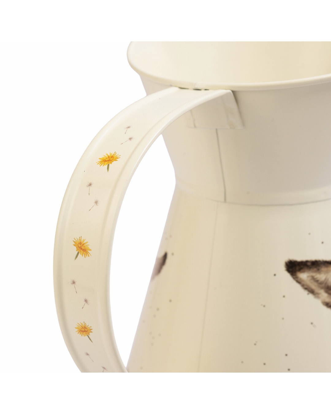 Detailaufnahme des Henkels der Esel Blumenvase mit feinen Blüten- und Samenillustrationen.