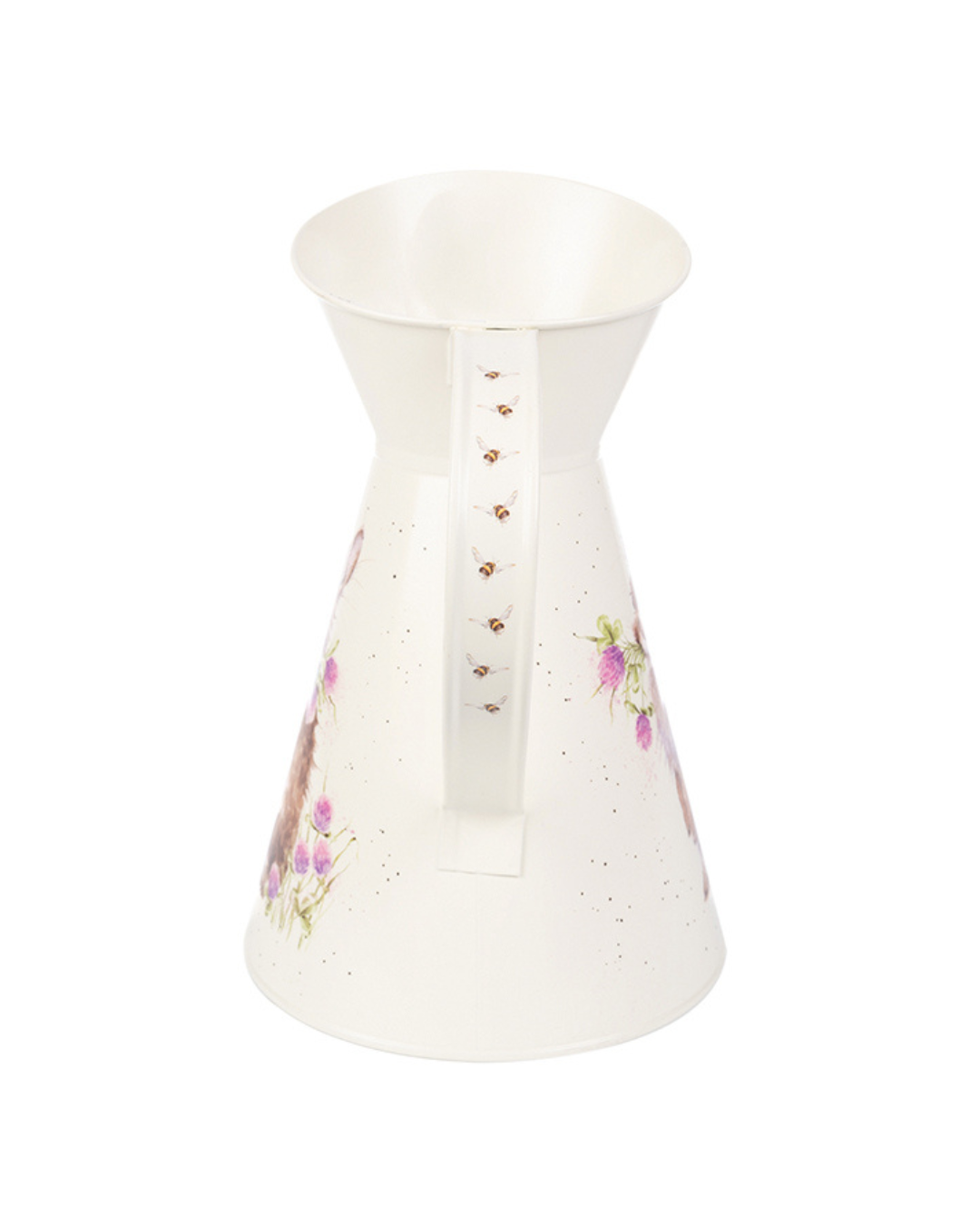 Rückansicht der Kaninchen Blumenvase Head Clover Heels Flower Jug von Wrendale Designs mit Henkel und kleinen fliegenden Bienenmotiven.