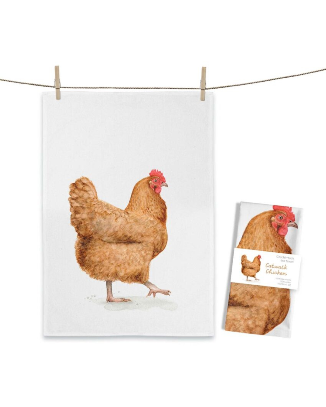 Hennen Geschirrtuch Catwalk Chicken von Maluu mit einzelner Hühnerillustration auf weißem Tuch vor hellem Hintergrund