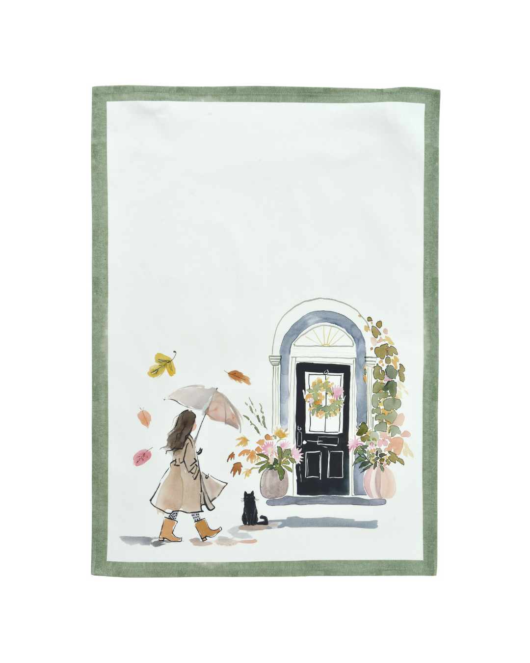 Geschirrtuch Le Chat Cuisine von Sander Table + Home mit schwarzer Katze vor herbstlicher Tür, wartend auf Frau mit Schirm in aquarell Optik.