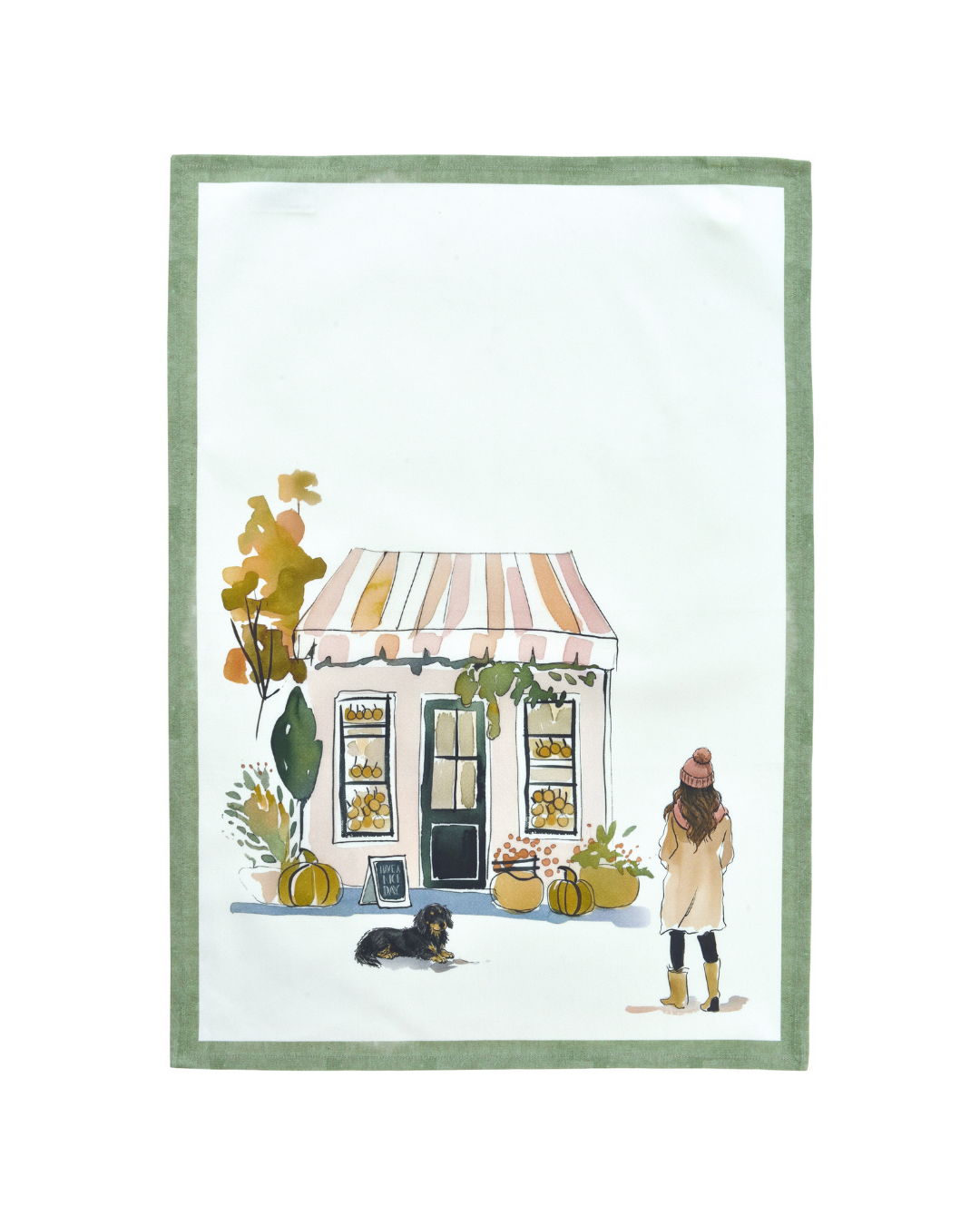 Herbst Geschirrtuch Le Chien Cuisine von Sander Table + Home mit Hund vor Gemüsegeschäft in Aquarelloptik.