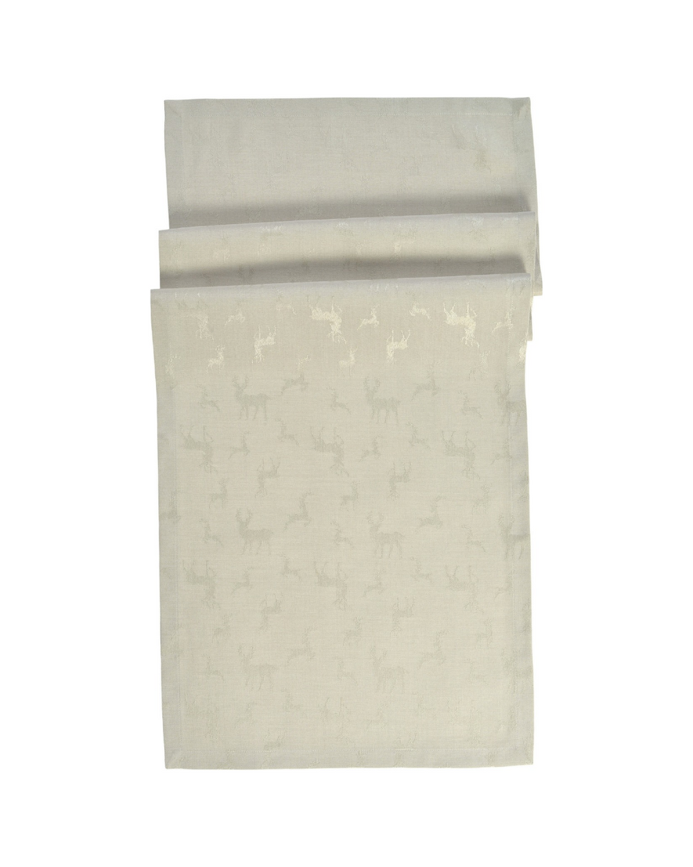 Hirsch Tischdecke "Nova" in beige von Sander Tabe Home vor weißen Hintergrund. Die Decke ist beige mit einem Weihnachtlichen Hirsch/Rentier Muster. 
