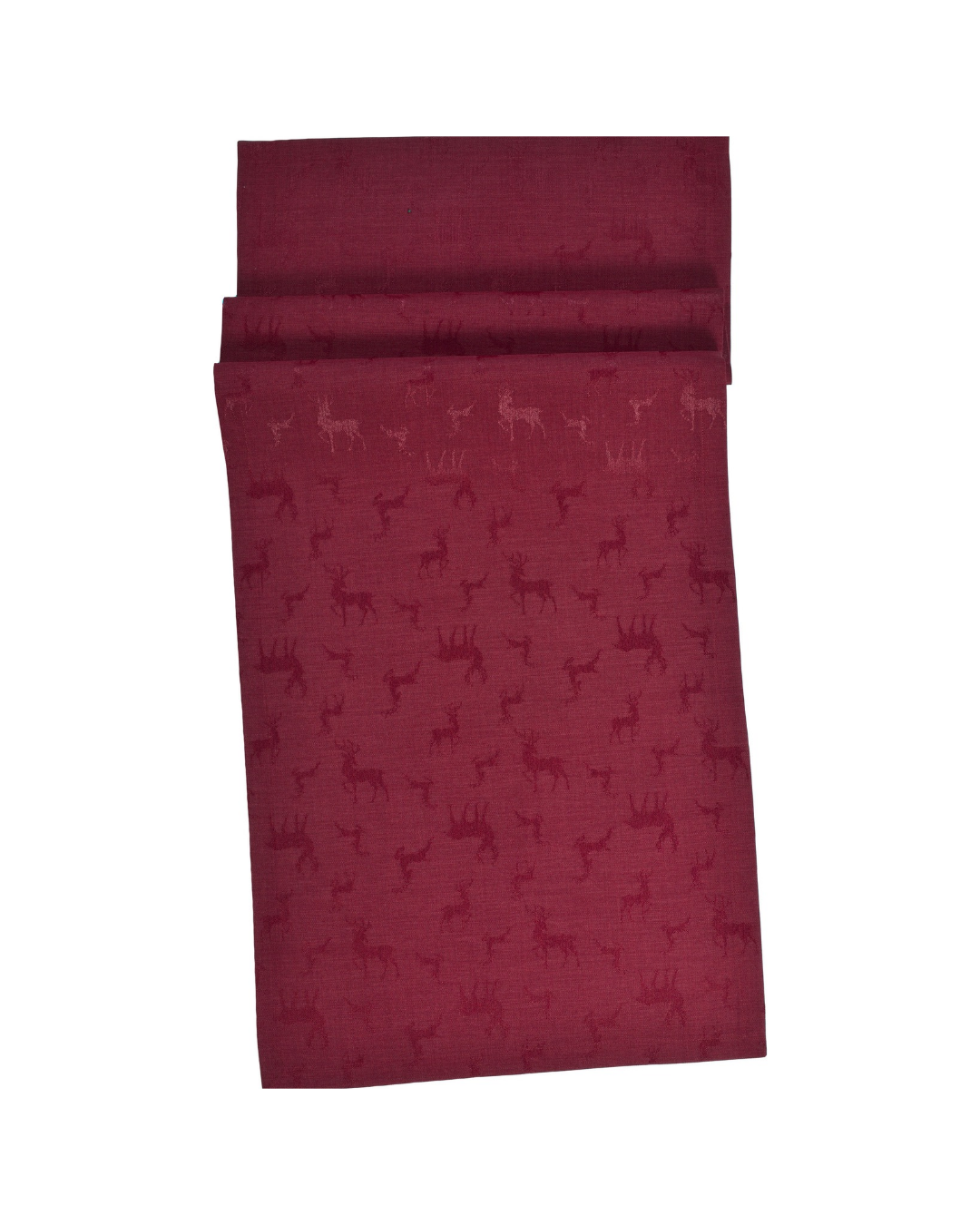 Hirsch Tischdecke "Nova" in rot von Sander Tabe Home vor weißen Hintergrund. Die Decke ist rot mit einem Weihnachtlichen Hirsch/Rentier Muster. 