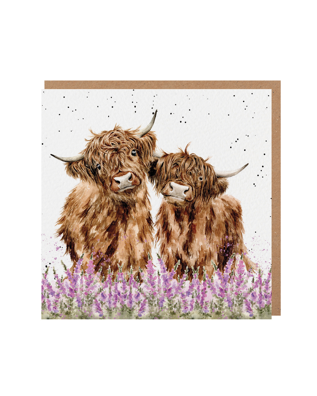 Hochland Kühe Grußkarte „Gentle Giants“ von Wrendale Designs mit zwei handillustrierten Hochlandrindern vor violetten Blüten auf weißem Hintergrund mit feinen schwarzen Sprenkeln, brauner Umschlag sichtbar.