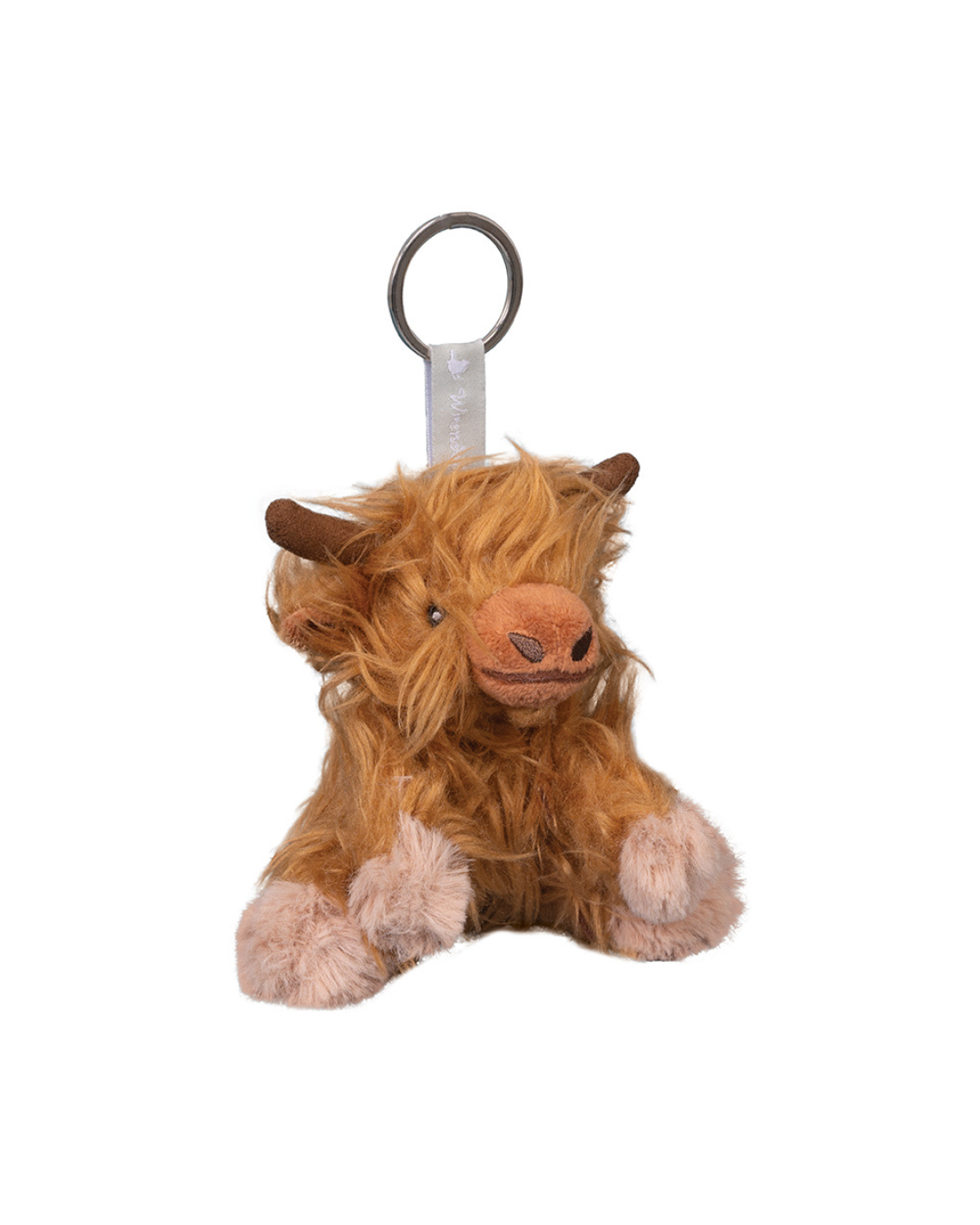 Hochland Kuh Schlüsselanhänger Gordon von Wrendale Designs freigestellt vor weißem Hintergrund, mit wuscheligem braunem Fell, hellen Pfoten und silbernem Schlüsselring.