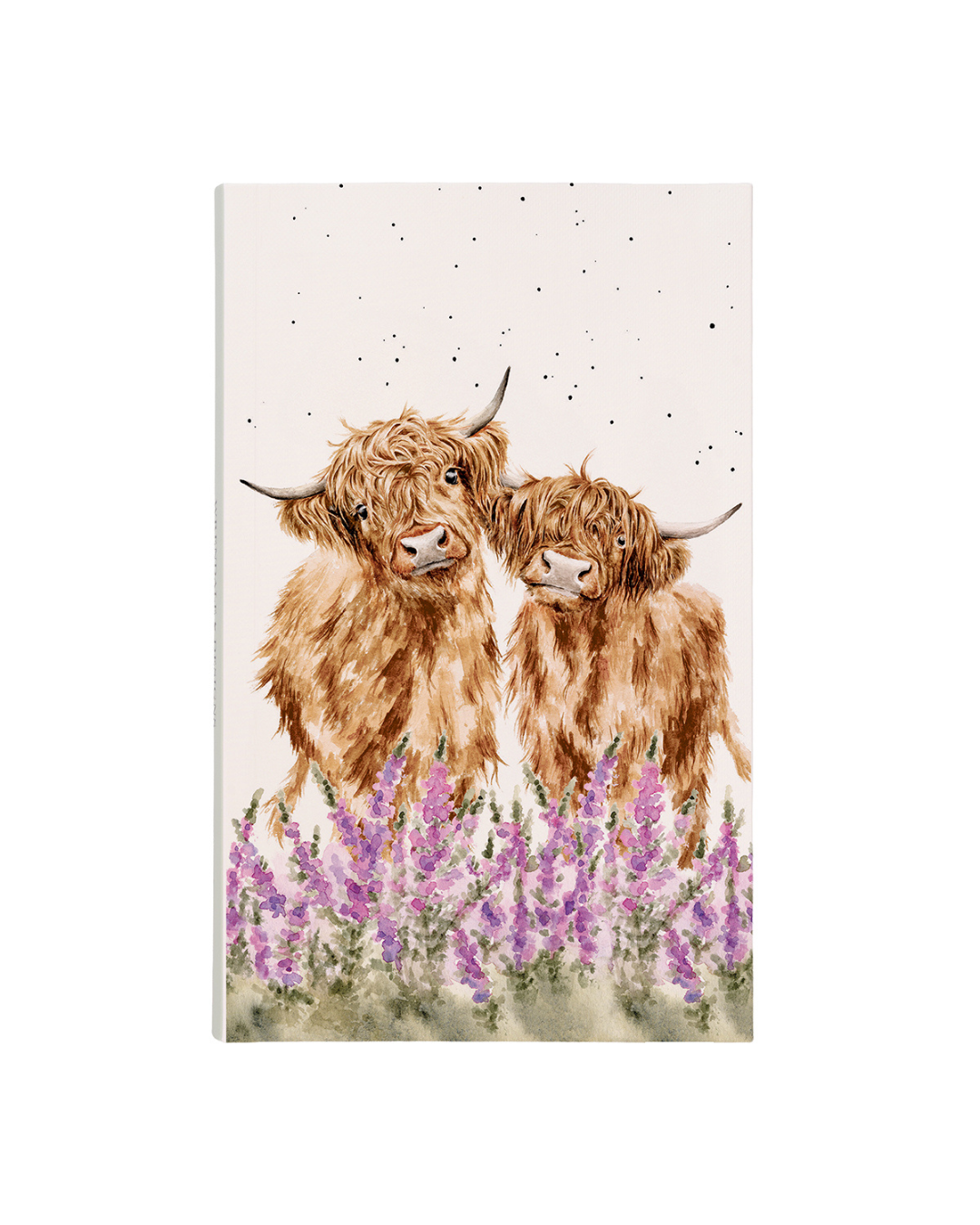 Hochland-Kuh Notizblock „Gentle Giants“ von Wrendale Designs mit Illustration von zwei Hochlandrindern zwischen violetten Blüten vor hellem Hintergrund.