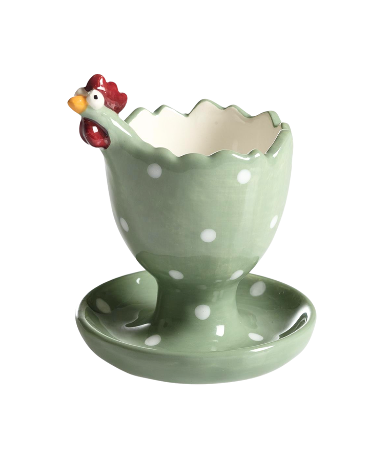 Eierbecher in Hühnerform von Nääsgränsgården in Grün mit weißen Punkten freigestellt