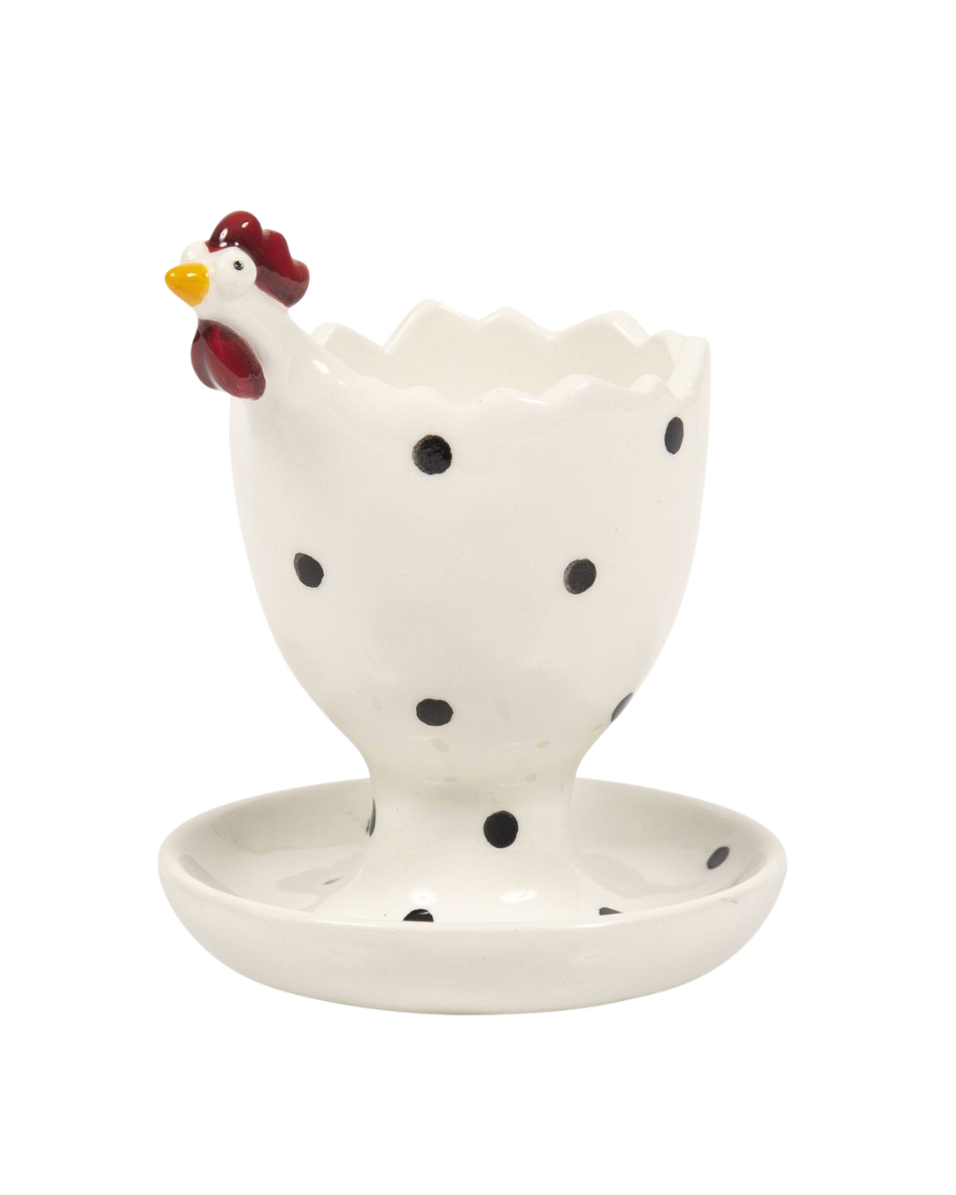 Eierbecher in Hühnerform von Nääsgränsgården in Weiß mit schwarzen Punkten freigestellt