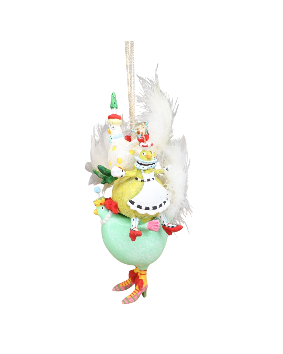 Handbemalter Weihnachtsanhänger „3 French Hens“ von Patience Brewster, dreistöckige Hennenfigur mit Federn und farbenfrohen Details, Frontansicht.