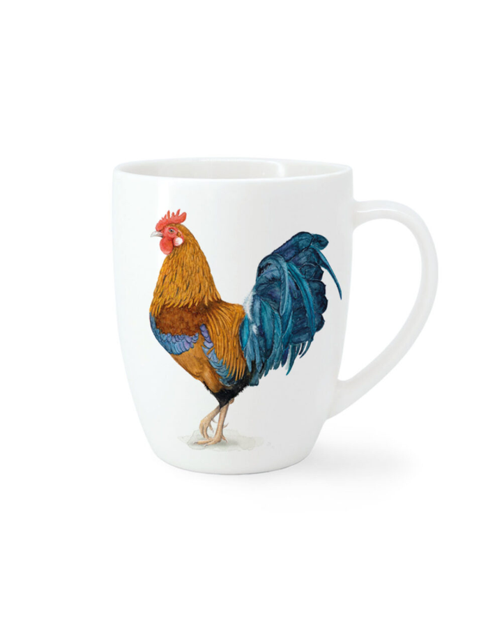 Weiße Porzellantasse Chicken & Rooster von Maluu mit farbig illustriertem Hahn auf der Vorderseite