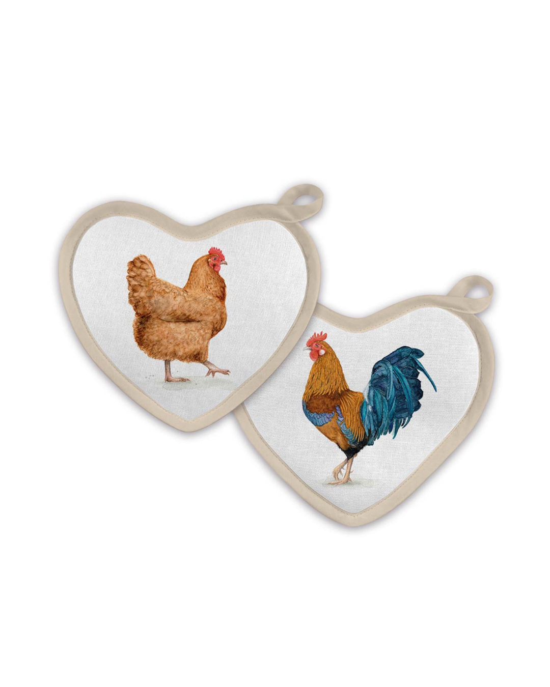 Vorderseiten der herzförmigen Topflappen „Chicken & Rooster“ von Maluu mit Huhn und Hahn