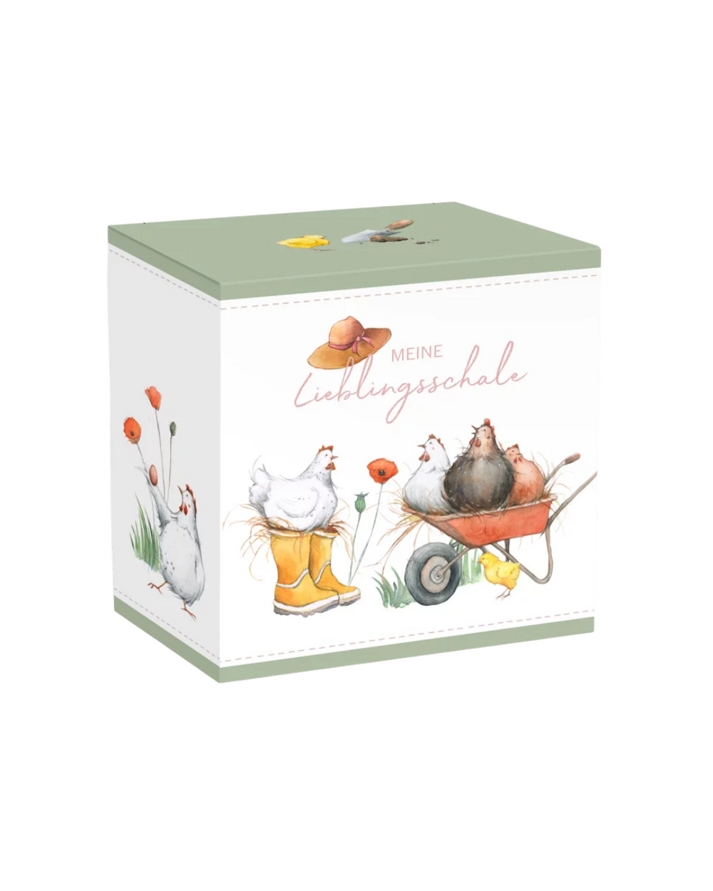 Geschenkverpackung der Hühnerbande Müslischale vom Grätz Verlag mit liebevollen Hühner-Motiven von Daniela Drescher.