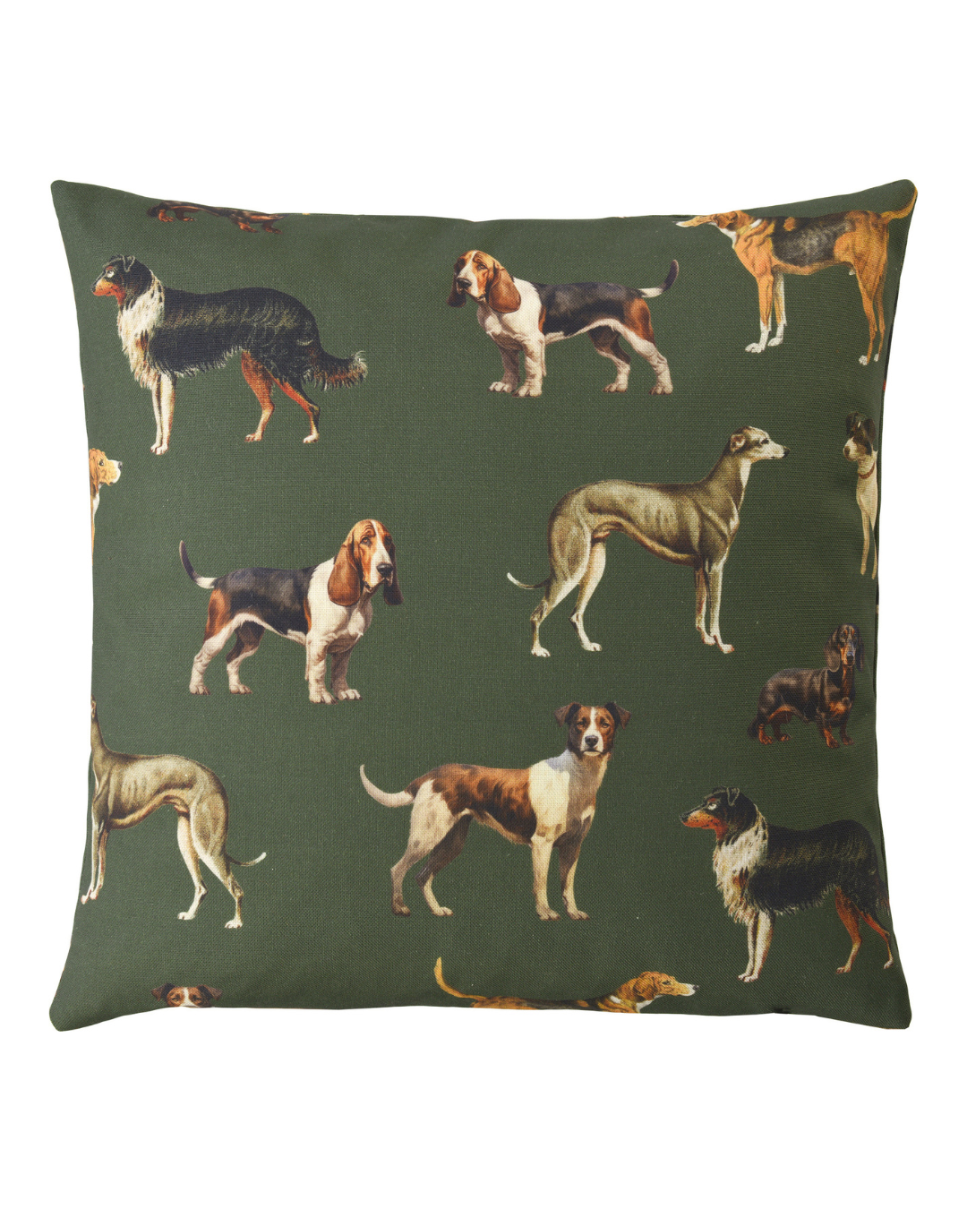 Hunde Kissenbezug Hunter von Sander Table + Home. Verschiedene Jagdhunde auf grünem Untergrund.