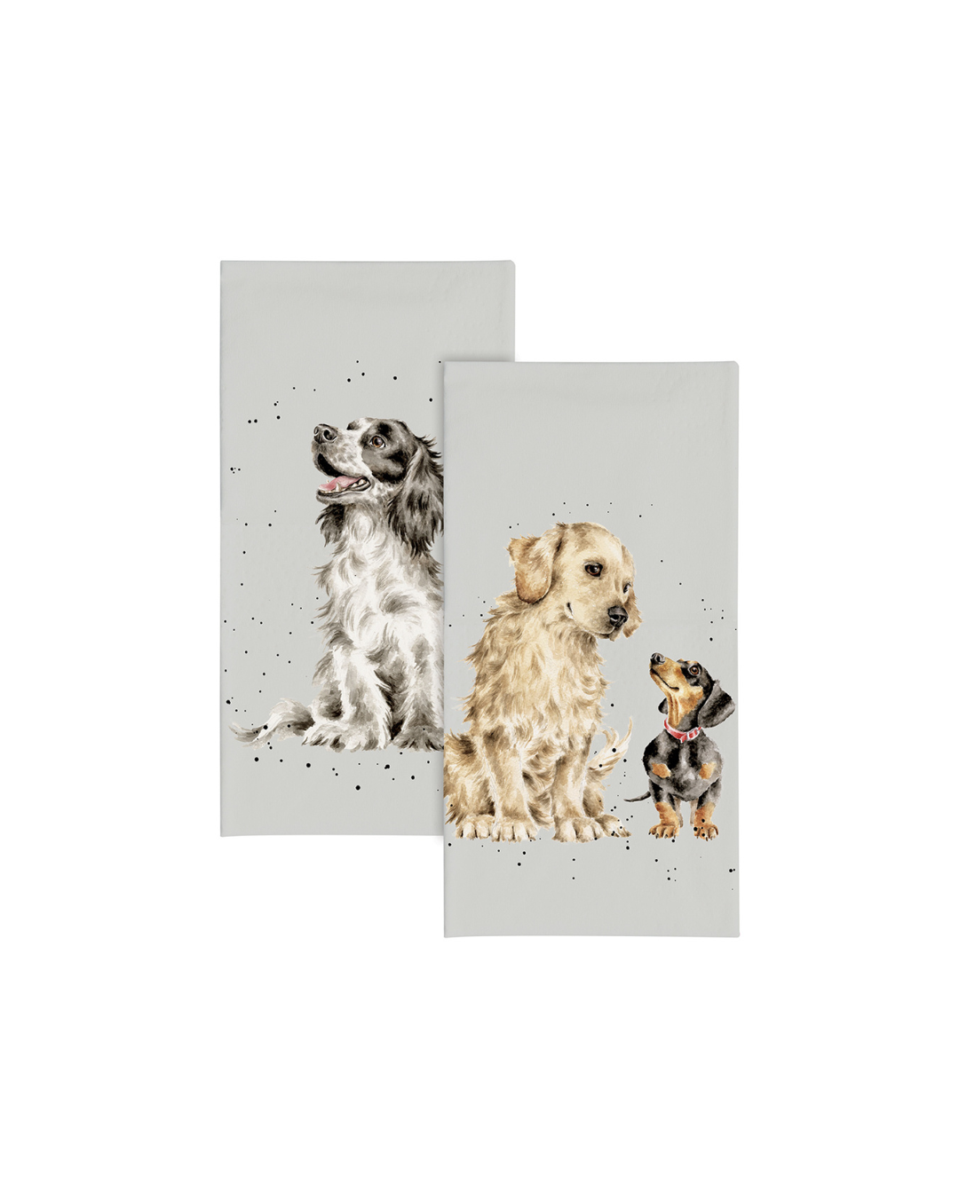 Zwei Hunde-Taschentücher von Wrendale Designs mit Illustrationen von Hannah Dale: ein sitzender schwarz-weißer Hund auf grauem Hintergrund sowie ein hellbrauner Hund neben einem kleinen Dackel auf grauem Hintergrund; die grauen Taschentücher liegen vor weißem Hintergrund.