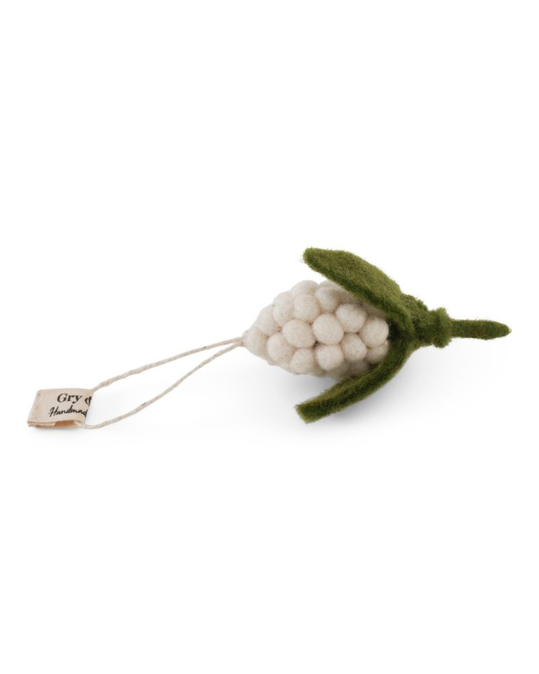 Filzblume Hyazinthe als Filzanhänger von Gry & Sif in Weiß mit grünen Blättern, freigestellt vor weißem Hintergrund.