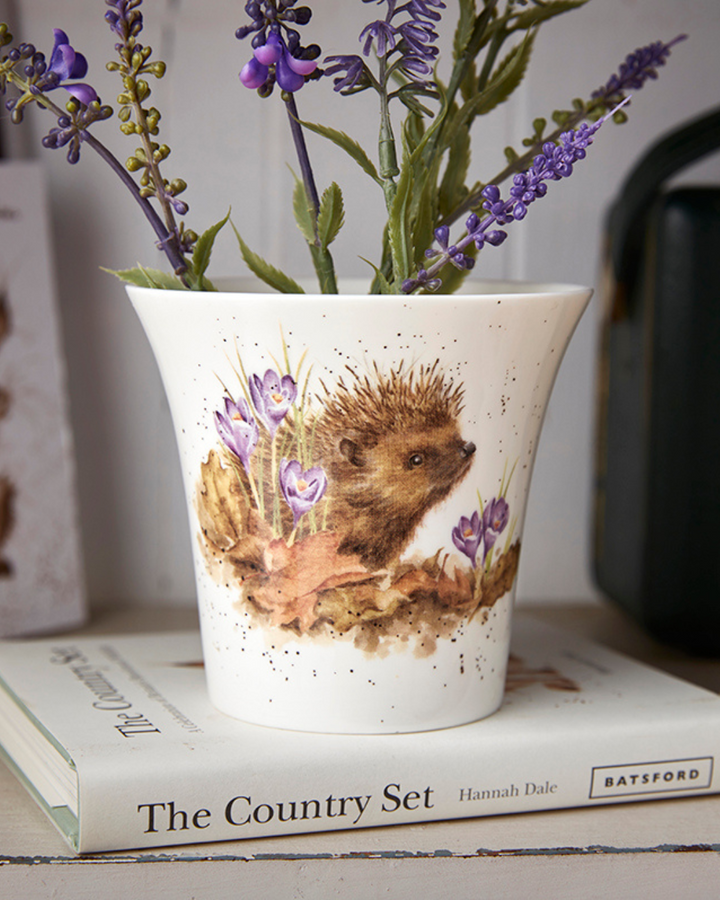 Igel-Blumentopf von Wrendale Designs, bepflanzt mit Lavendel, dekorativ auf einem Buch im Landhausstil arrangiert.