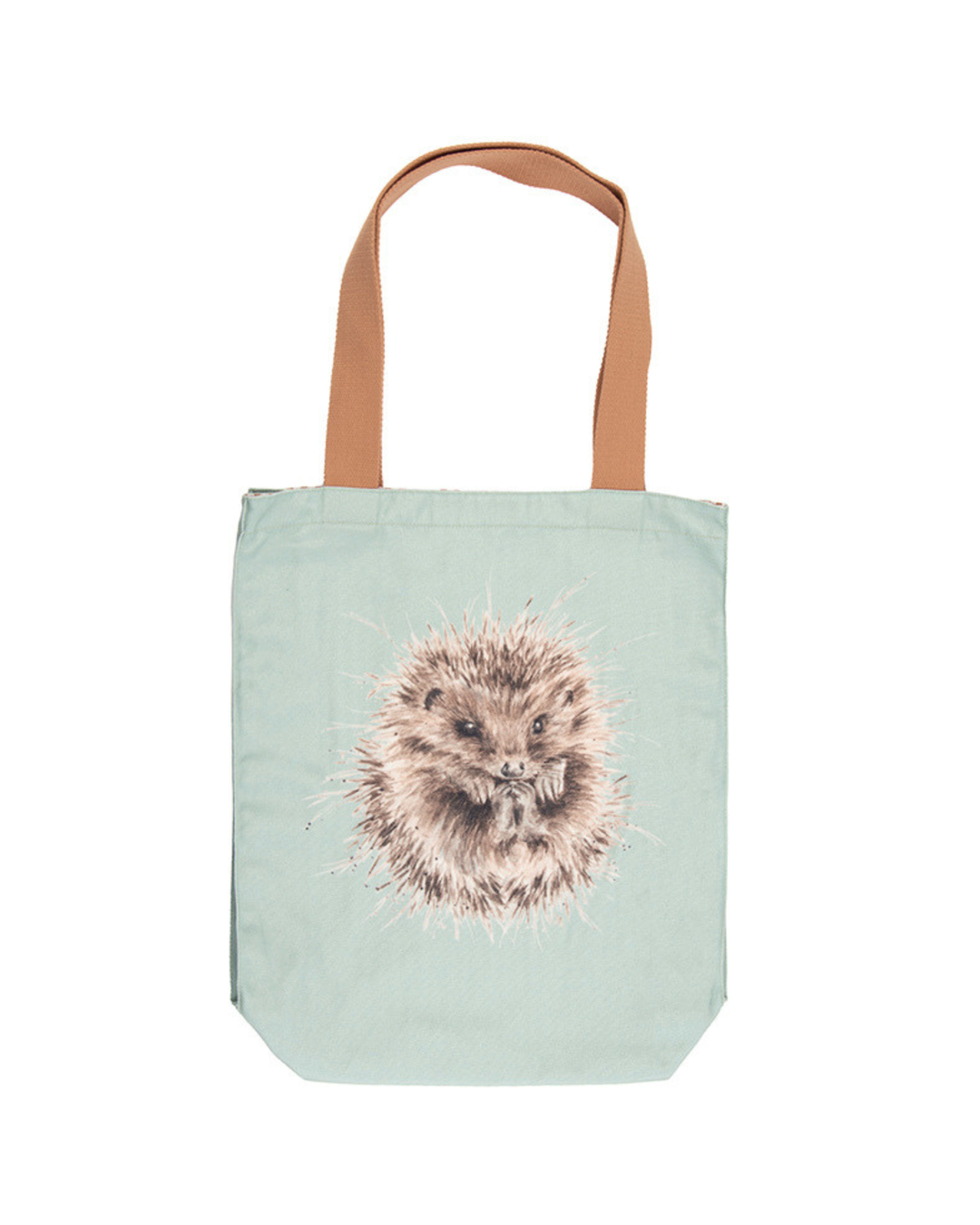 Türkise Igel Einkaufstasche von Wrendale Designs auf weißen Hintergrund. Das Motiv der Tasche ist ein niedlicher eingerollter Igel. der Griff ist braun.