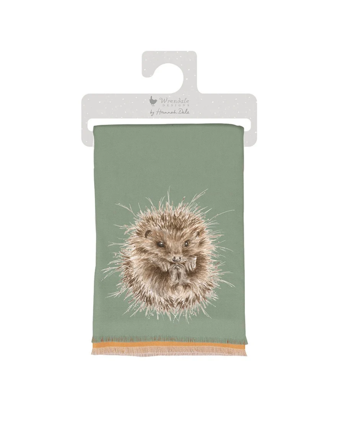 Igel Schal "Awakening" von Von Wrendale Designs or weißen Hintergrund. Der Schal ist Waldgrün mit einem süßen eingerollten Igel Motiv.