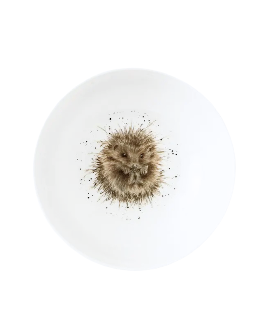 Weißes Igel Schüsselchen "Royal Worchester" aus Porzellan von Wrendale Designs vor weißen Hintergrund. Das Motiv zeigt einen eingerollten Igel welcher in die Kamera schaut.
