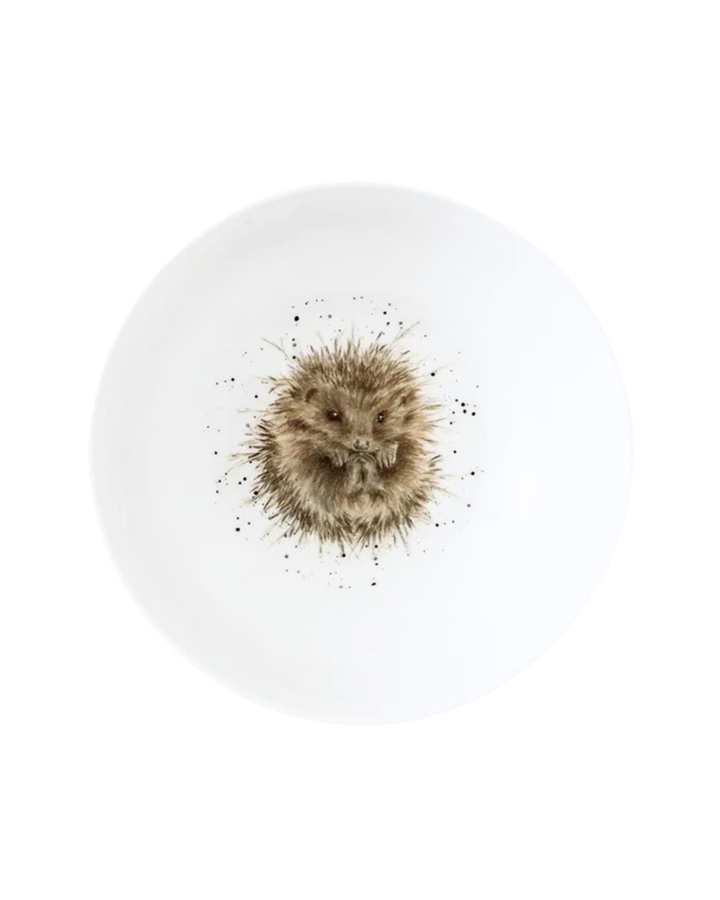 Weißes Igel Schüsselchen "Royal Worchester" aus Porzellan von Wrendale Designs vor weißen Hintergrund. Das Motiv zeigt einen eingerollten Igel welcher in die Kamera schaut.
