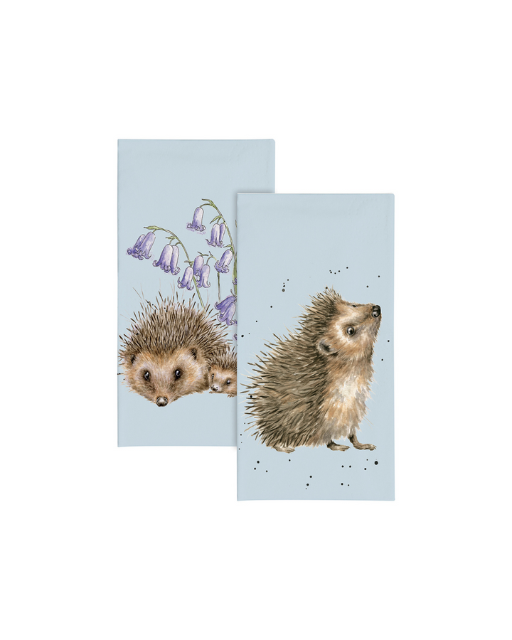 Zwei Päckchen Igel Taschentücher von Wrendale Designs nebeneinander auf weißem Hintergrund. Das linke Päckchen zeigt eine Illustration von Hannah Dale mit einer Igelmama und einem Igelkind zwischen violetten Glockenblumen, das rechte Päckchen zeigt einen einzelnen Igel, der aufmerksam zur Seite blickt.