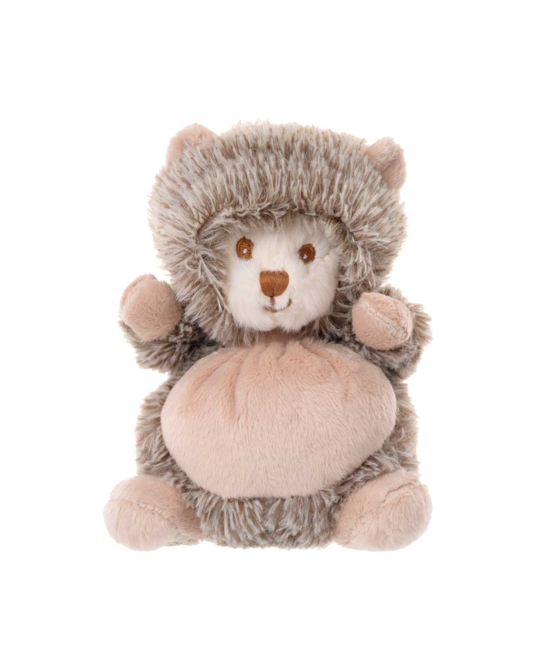 Igel Ziggy Hubert Kuscheltier von Bukowski Design frontal mit Kapuze