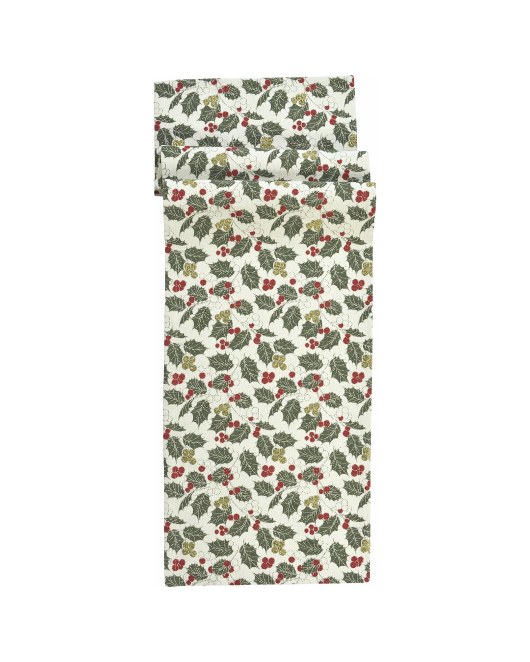 Ilex Tischläufer 40 x 150 Holly in grün/rot von Sander Table Home vor weißen Hintergrund. Der Tischläufer zeigt verschiedene Weihnachtliche Beeren und Pflanzen.