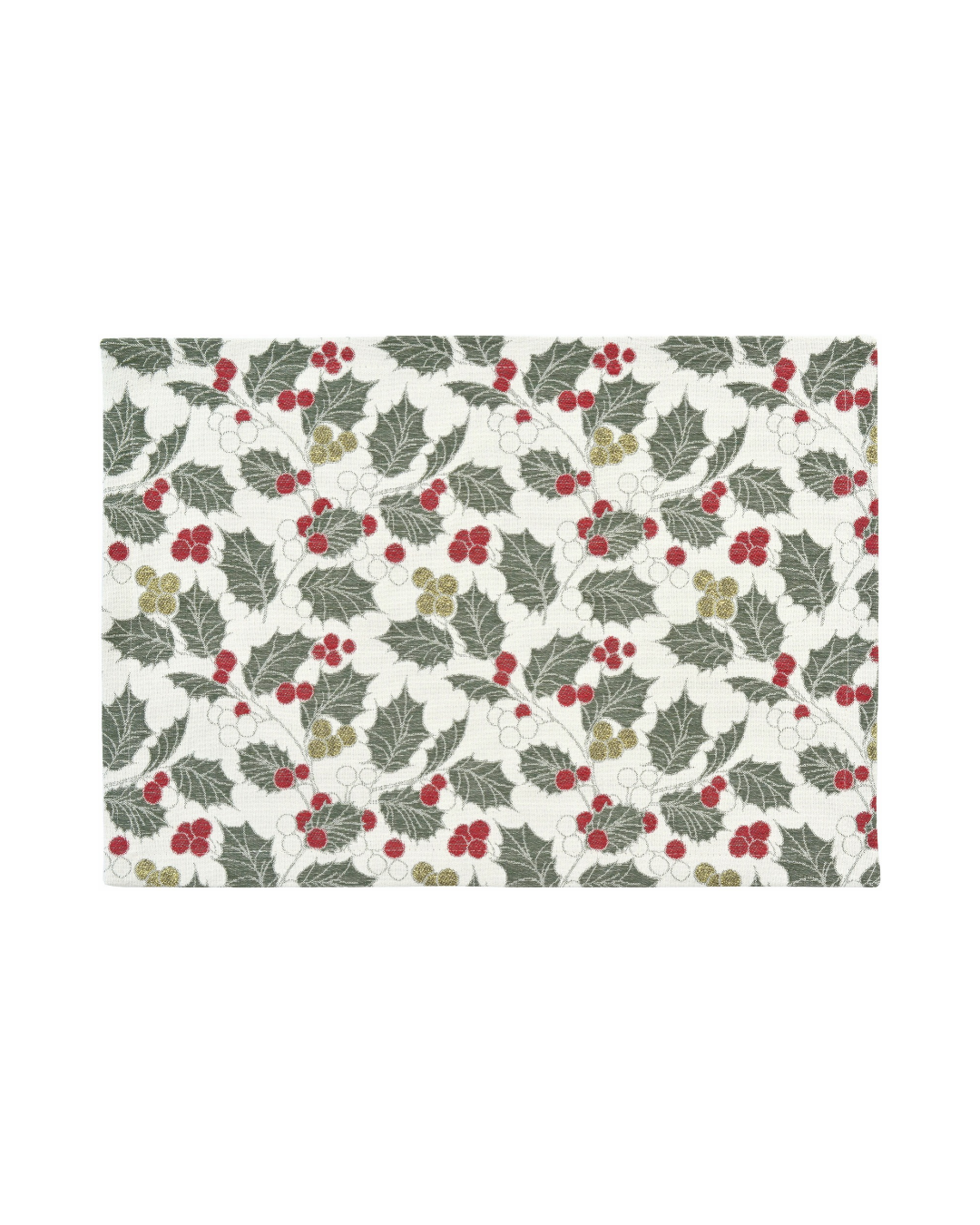 Ilex Tischset 35 x 50 Holly in rot/grün von Sander Table Home vor weißen Hintergrund. Das Tischset zeigt verschiedene weihnachtliche Beeren und Pflanzen.