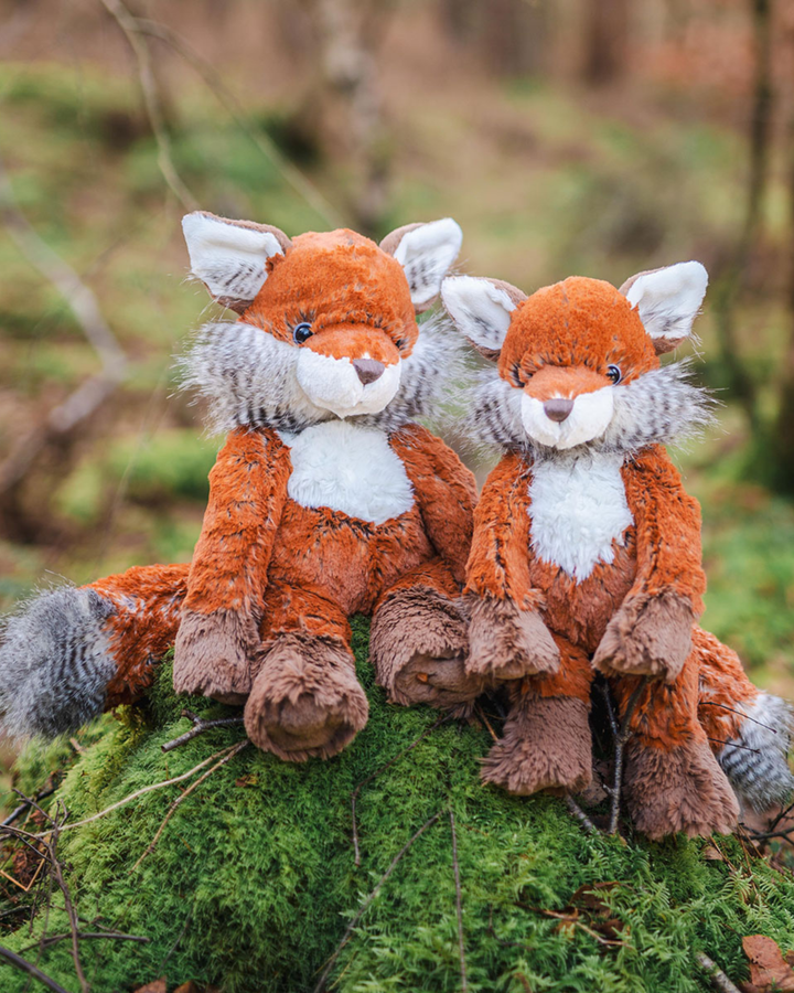 2 Fuchs Kuscheltiere Super und Giant von Wrendale Designs dekoriert in einem Wald. Die Textur des Fells ist sehr detailliert und die Farben intensiv. 