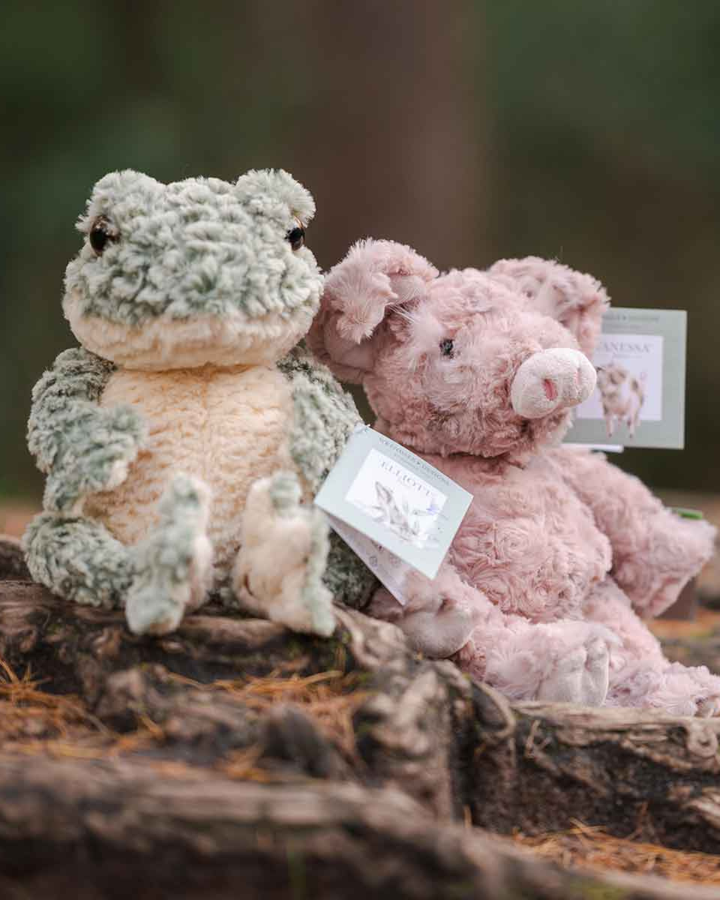 Seitlich fotografiertes Frosch Kuscheltier „Elliott“ zusammen mit Schwein Kuscheltier "Vanessa" von Wrendale Designs auf einem Baumstamm, mit Blick in die Waldszene