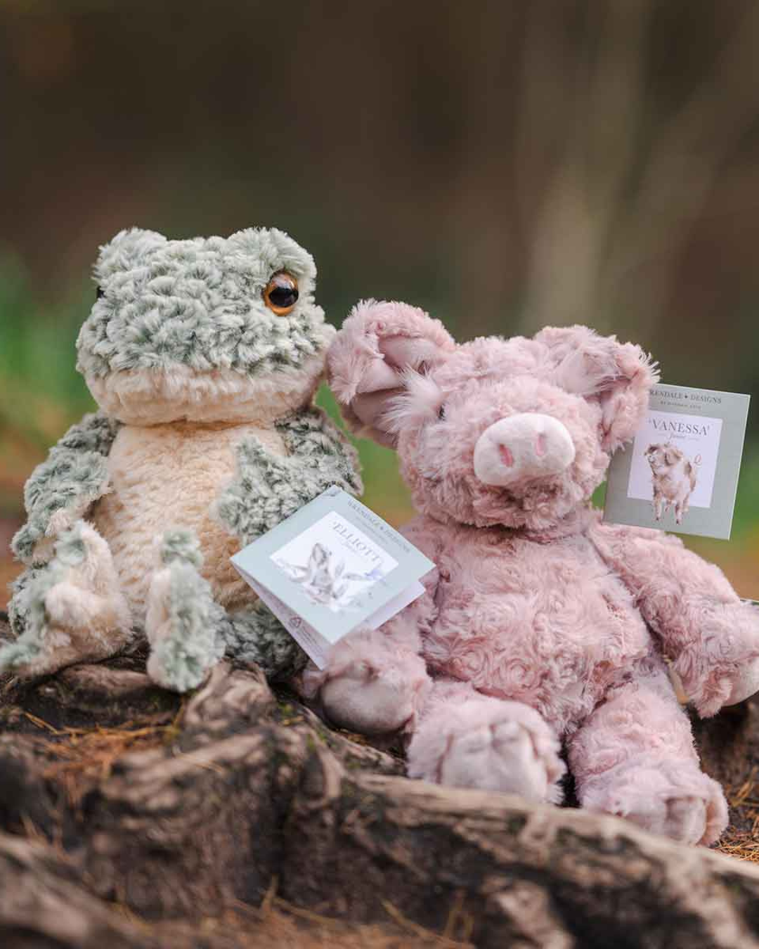 frontal fotografiertes Frosch Kuscheltier „Elliott“ zusammen mit Schwein Kuscheltier "Vanessa" von Wrendale Designs auf einem Baumstamm, mit Blick in die Waldszene